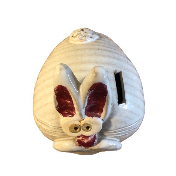 Vtg SIGNED John Pettus Art Pottery Stoneware Bunny Rabbit COIN BANK Folk Art - Picture 3 of 9